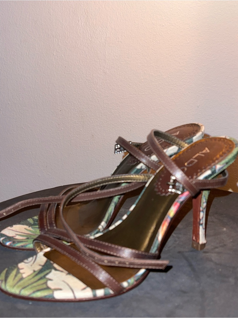 Aldo Brown Strappy Heeled Sandals with Tropical Print